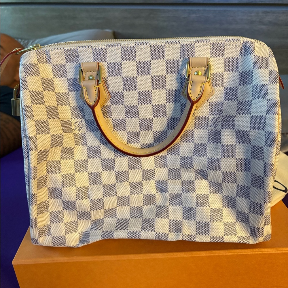 Checkered White and Blue Handbag